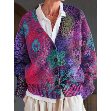 Women Floral Printing Long Sleeve V Neck Casual Spring/Fall Cardigan Outerwear