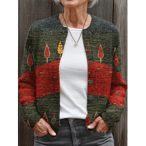 Women Christmas Printing Long Sleeve Crew Neck Vintage Spring/Fall Cardigan Outerwear