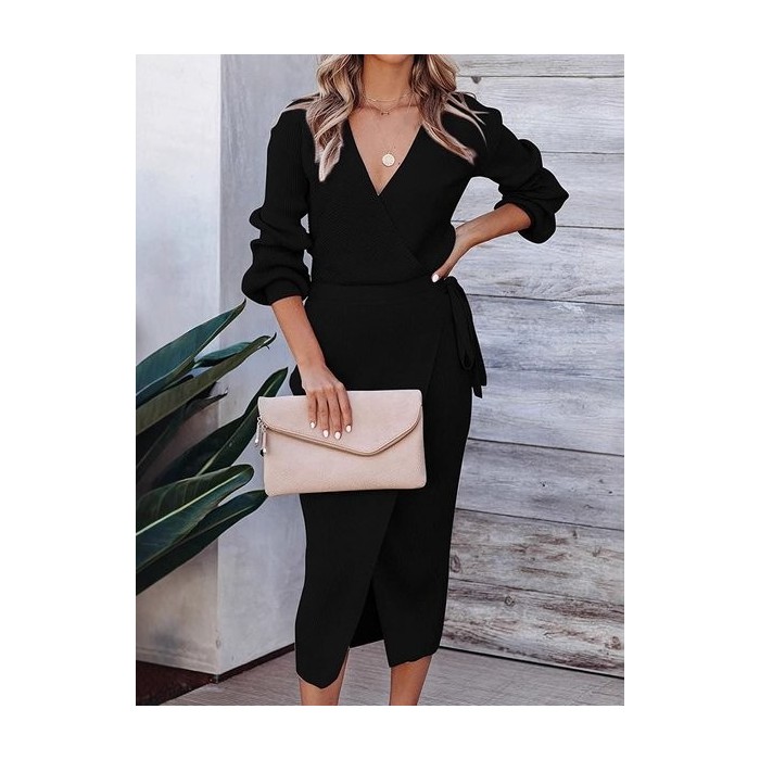 Women Plain Long Sleeve Spring/Fall Split Joint Dress V Neck Daily Vintage Maxi Tank A-Line Dress