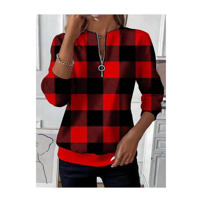 Women Plaid Crew Neck Printing Casual Spring/Fall Long Sleeve Sweatshirt