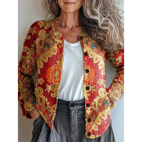 Women Floral Printing Long Sleeve Crew Neck Vintage Spring/Fall Cardigan Outerwear