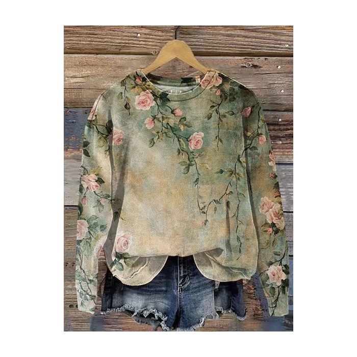 Women Floral Crew Neck Printing Casual Spring/Fall Long Sleeve Sweatshirt