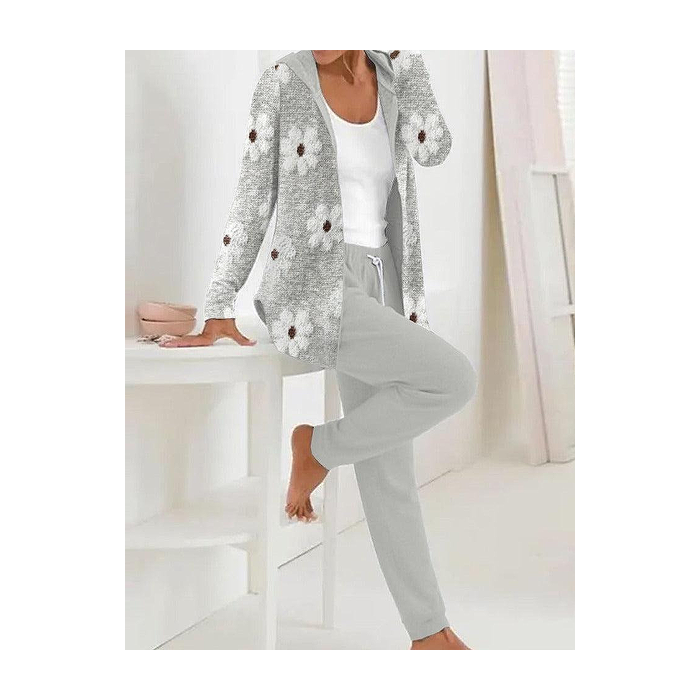 Women Floral Printing Two-Piece Set Daily Long Sleeve Casual Spring/Fall Coat With Pants Matching Set