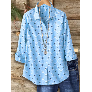 Women Abstract Long Sleeve Shirt Spring/Fall Buckle Shirt Collar Regular Sleeve Daily Casual Top