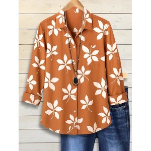 Women Floral Long Sleeve Shirt Spring/Fall Buckle Shirt Collar Regular Sleeve Daily Casual Top