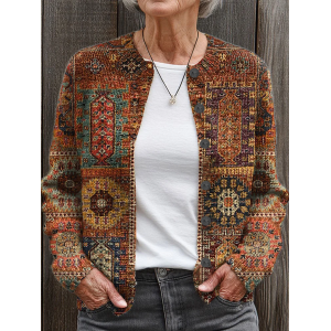 Women Abstract Printing Long Sleeve Crew Neck Vintage Spring/Fall Cardigan Outerwear