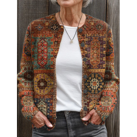 Women Abstract Printing Long Sleeve Crew Neck Vintage Spring/Fall Cardigan Outerwear