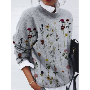 Women Floral Printing Spring/Fall Casual Long Sleeve Crew Neck Sweater