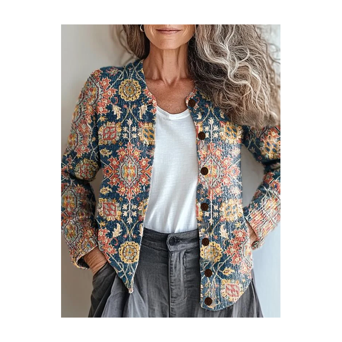 Women Floral Printing Long Sleeve Crew Neck Vintage Spring/Fall Cardigan Outerwear