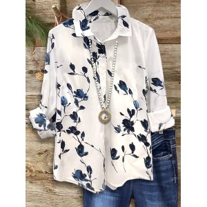 Women Floral Long Sleeve Shirt Spring/Fall Buckle Shirt Collar Regular Sleeve Daily Casual Top