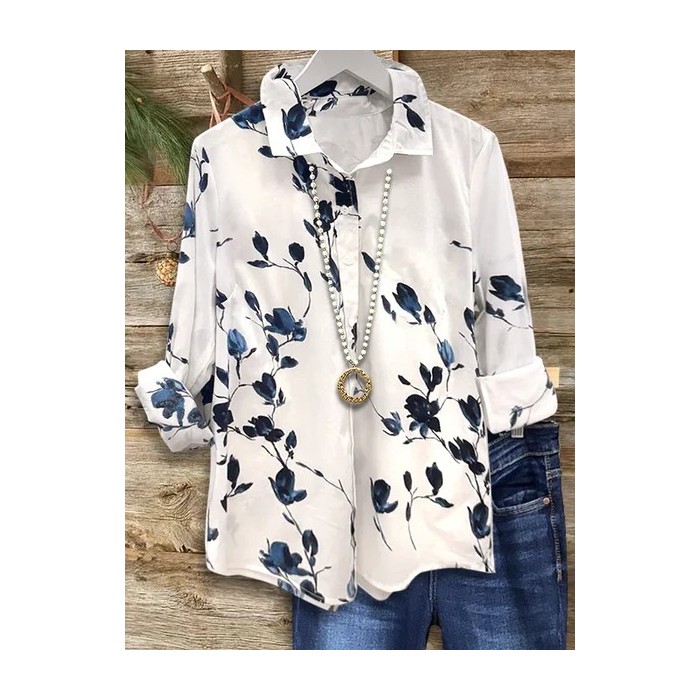 Women Floral Long Sleeve Shirt Spring/Fall Buckle Shirt Collar Regular Sleeve Daily Casual Top
