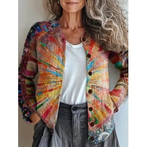 Women Abstract Printing Long Sleeve Crew Neck Vintage Spring/Fall Cardigan Outerwear