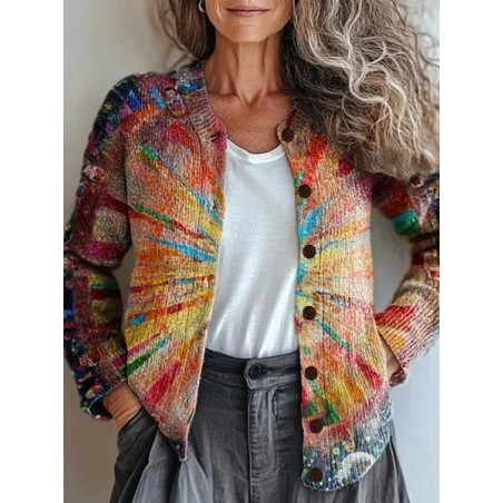 Women Abstract Printing Long Sleeve Crew Neck Vintage Spring/Fall Cardigan Outerwear