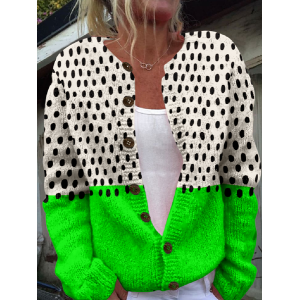 Women Polka Dots Long Sleeve Crew Neck Vintage Spring/Fall Cardigan Outerwear