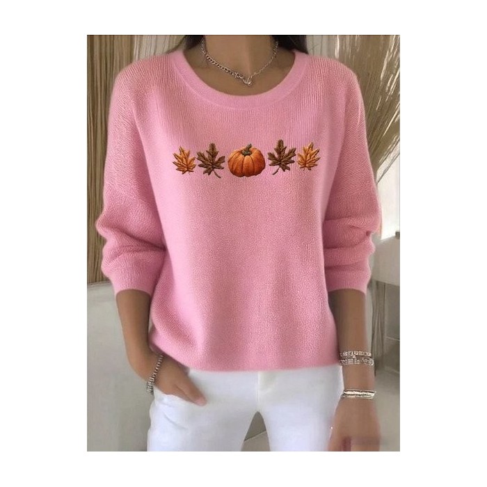 Women Plants Spring/Fall Vintage Long Sleeve Crew Neck Cotton Sweater