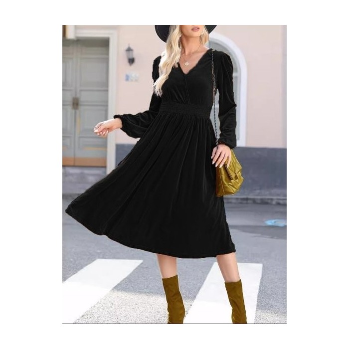 Women Plain Long Sleeve Spring/Fall Split Joint Dress V Neck Daily Vintage Maxi T-Shirt Dress A-Line Dress