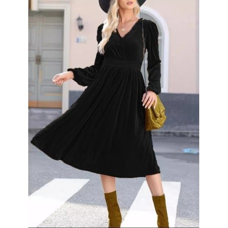 Women Plain Long Sleeve Spring/Fall Split Joint Dress V Neck Daily Vintage Maxi T-Shirt Dress A-Line Dress