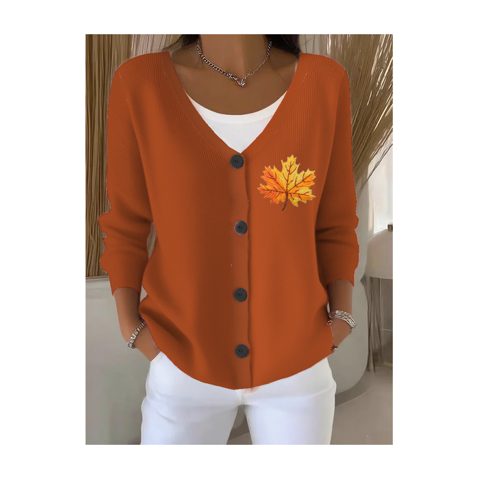 Women Maple Leaf Long Sleeve V Neck Casual Spring/Fall Cardigan Outerwear