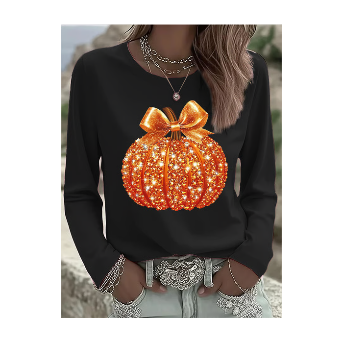 Women Halloween (pumpkin) Long Sleeve Tee T-shirt Crew Neck Printing Casual Spring/Fall Graphic Tee Top