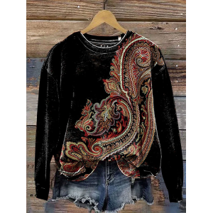 Women Ethnic Crew Neck Printing Casual Spring/Fall Long Sleeve Sweatshirt