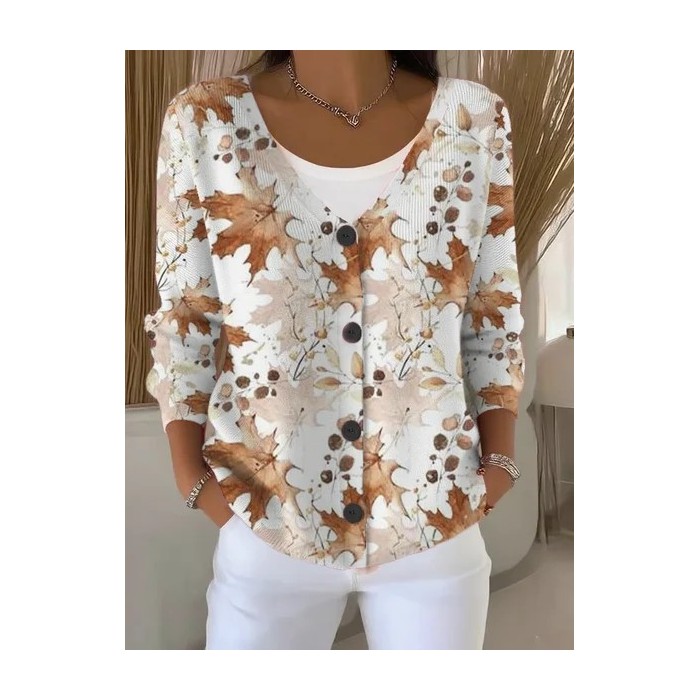 Women Maple Leaf Long Sleeve V Neck Casual Spring/Fall Cardigan Outerwear