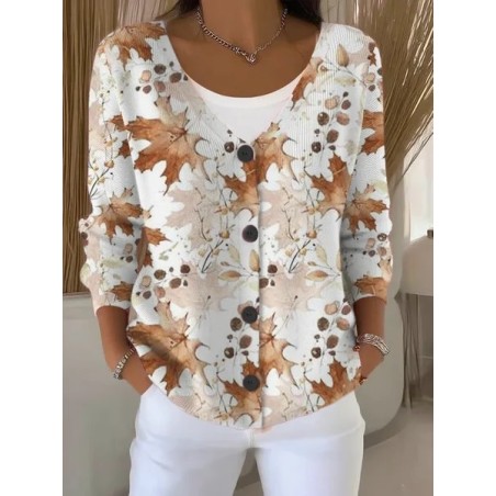 Women Maple Leaf Long Sleeve V Neck Casual Spring/Fall Cardigan Outerwear