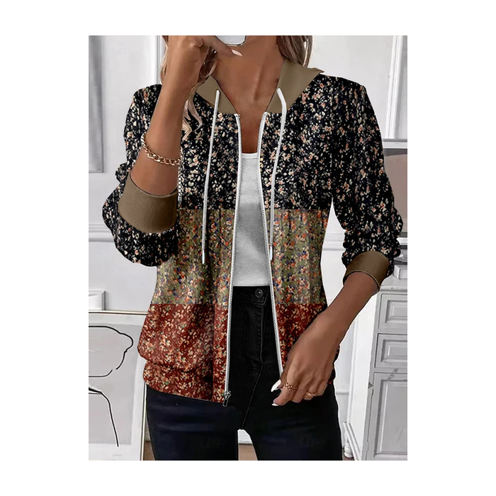Women Spring/Fall Outerwear Casual Printing Floral Long Sleeve Hoodie Jacket