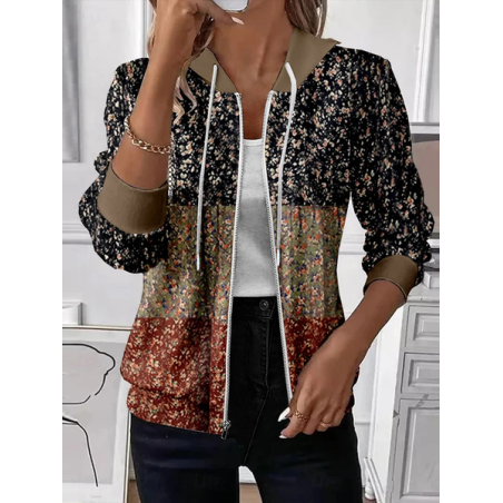 Women Spring/Fall Outerwear Casual Printing Floral Long Sleeve Hoodie Jacket