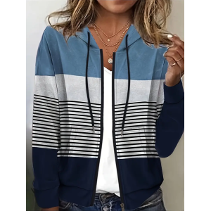 Women Spring/Fall Outerwear Casual Printing Striped Long Sleeve Hoodie Jacket