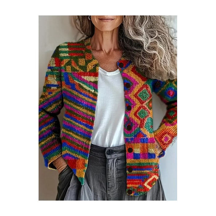 Women Abstract Printing Long Sleeve Crew Neck Vintage Spring/Fall Cardigan Outerwear