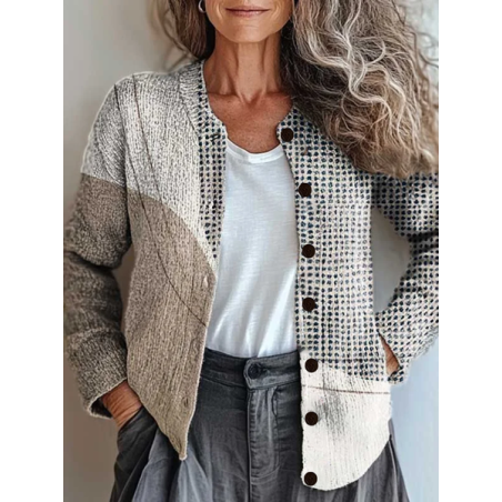 Women Abstract Printing Long Sleeve Crew Neck Vintage Spring/Fall Cardigan Outerwear