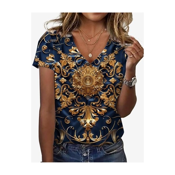 Women's Short Sleeve Tee T-shirt Summer Ethnic Jersey V Neck Holiday Going Out Casual Top