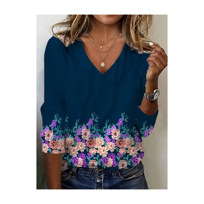Women's Long Sleeve Tee T-shirt Spring/Fall Floral Jersey V Neck Daily Going Out Casual Top
