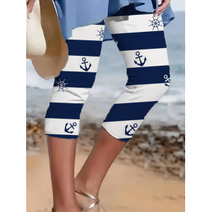 Women's Striped Capris Elastic Waist Pant Casual Summer Trousers