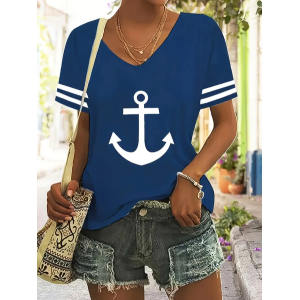 Women's Anchor Short Sleeve Tee T-shirt V Neck Printing Casual Summer Graphic Tee Top