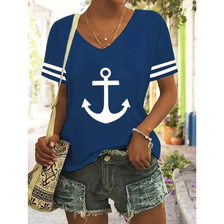 Women's Anchor Short Sleeve Tee T-shirt V Neck Printing Casual Summer Graphic Tee Top