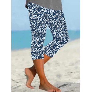 Women's Floral Capris Elastic Waist Pant Casual Summer Trousers
