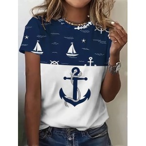 Women's Anchor Short Sleeve Tee T-shirt Crew Neck Printing Casual Summer Graphic Tee Top