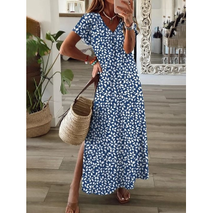 Women's Floral Short Sleeve Summer Printing Dress V Neck Daily Casual Maxi X-Line Dress