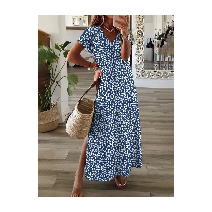 Women's Floral Short Sleeve Summer Printing Dress V Neck Daily Casual Maxi X-Line Dress