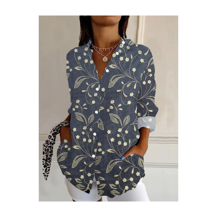 Women Floral Long Sleeve Shirt Spring/Fall Buckle Shirt Collar Daily Casual Top