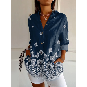 Women Floral Long Sleeve Shirt Spring/Fall Buckle Shirt Collar Daily Casual Top
