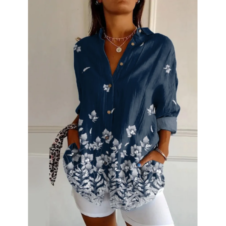 Women Floral Long Sleeve Shirt Spring/Fall Buckle Shirt Collar Daily Casual Top