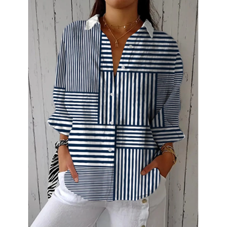 Women Striped Three Quarter Sleeve Shirt Spring/Fall Printing Shirt Collar Daily Casual Top