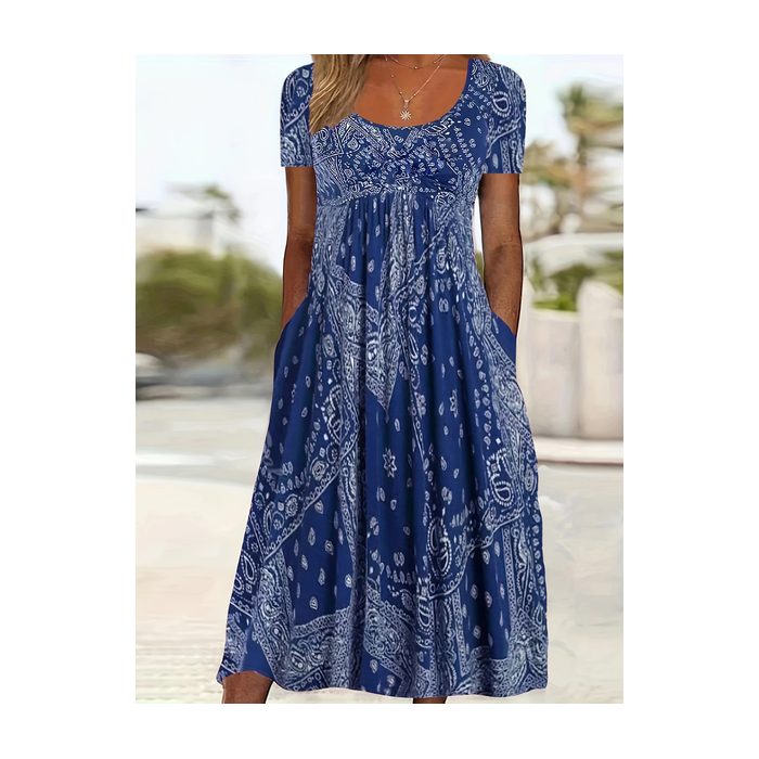 Women Floral Short Sleeve Summer Printing Dress Crew Neck Daily Casual Maxi Shift Dress H-Line Dress