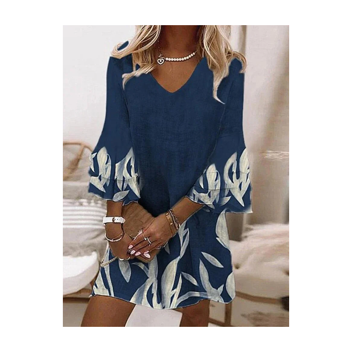 Women Abstract Half Sleeve Summer Printing Dress V Neck Daily Casual Maxi H-Line Dress