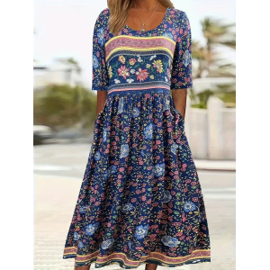 Women Floral Half Sleeve Summer Printing Dress Crew Neck Daily Casual Maxi A-Line Dress