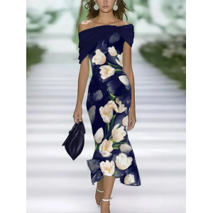 Women Floral Cap Sleeve Summer Printing Dress Cold Shoulder Daily Vintage Maxi H-Line Dress
