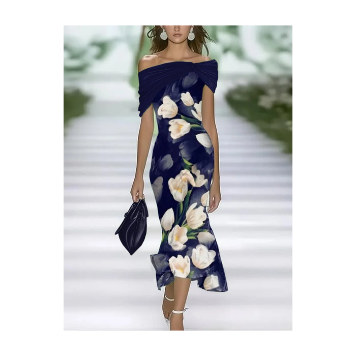 Women Floral Cap Sleeve Summer Printing Dress Cold Shoulder Daily Vintage Maxi H-Line Dress