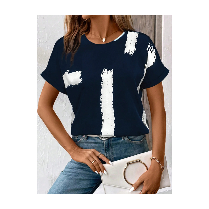 Women Abstract Short Sleeve Tee T-shirt Crew Neck Printing Casual Summer Graphic Tee Top